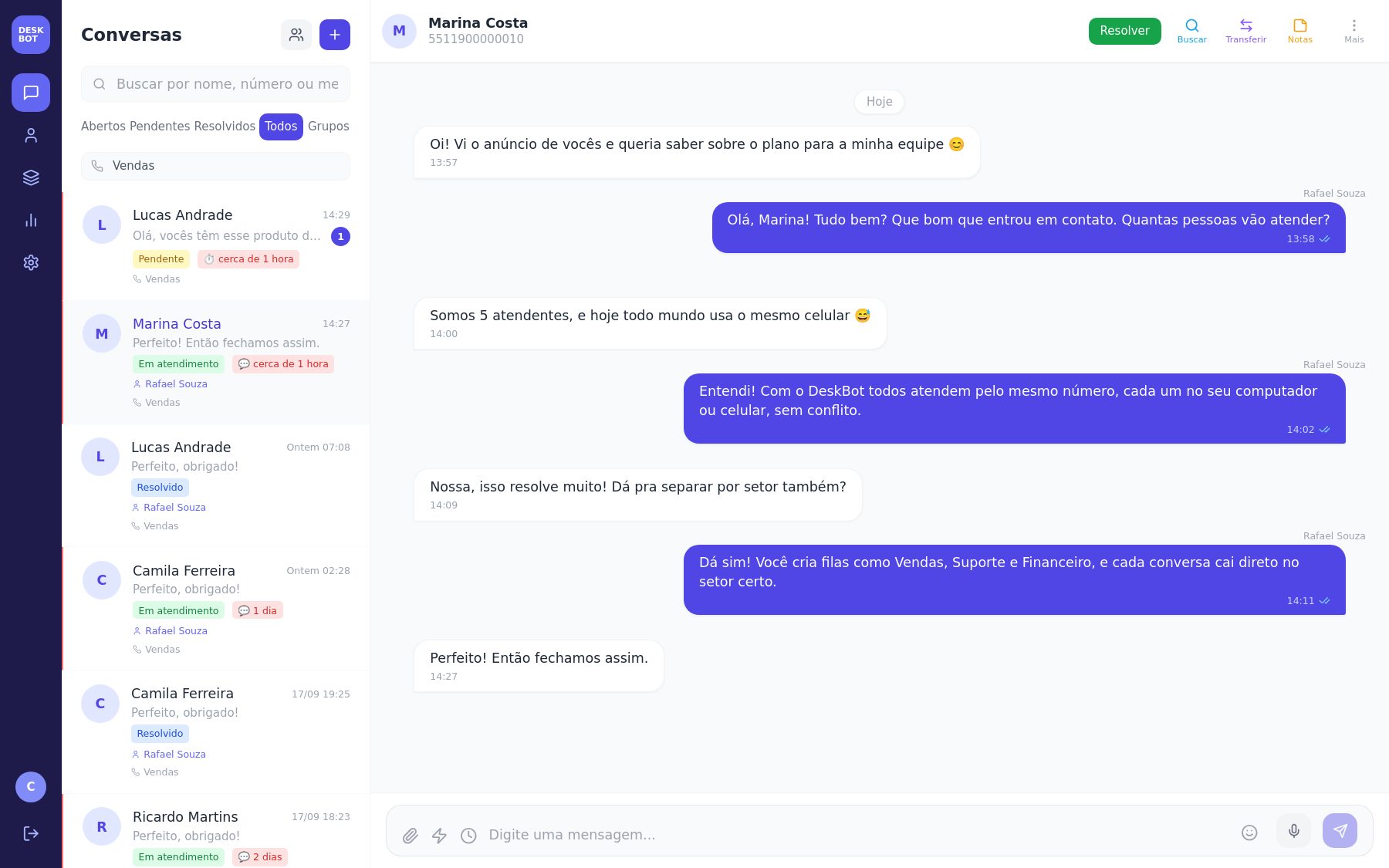Lista de conversas filtrada por número de WhatsApp, com a indicação do número por onde cada conversa chegou